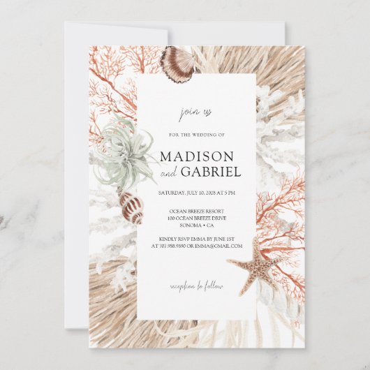 Wasserfarben Strand Hochzeit Seashells Coral Pampa Einladung (Vorderseite)