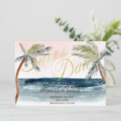 Wasserfarben Strand Hochzeitspalmen Save the Date (Stehend Vorderseite)