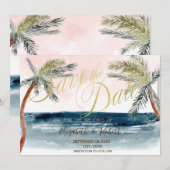 Wasserfarben Strand Hochzeitspalmen Save the Date (Vorne/Hinten)