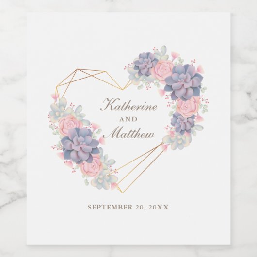 Wasserfarben Succulents Geometrisches Herz Hochzei Weinetikett (Einzelnes Label)