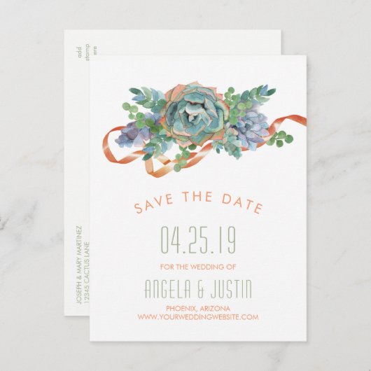 Wasserfarben-Sukkulationscluster Save the Date 2 Ankündigungspostkarte (Vorne/Hinten)