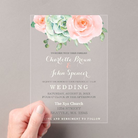 Wasserfarben Sukkulentes Blush Floral Elegante Hoc Acryleinladungen (Insitu (Handheld))