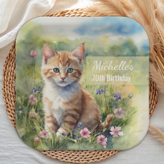 Wasserfarben-Tabby-Katze Haustier Wiese 70. Geburt Pappteller