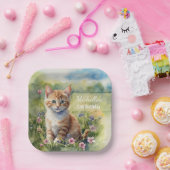 Wasserfarben-Tabby-Katze Haustier Wiese 70. Geburt Pappteller (Party)