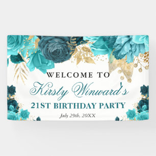 Wasserfarben Teal- und Goldblumen Geburtstag Banner