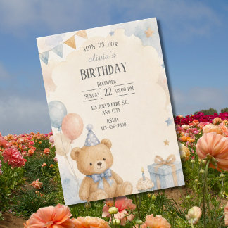 Wasserfarben-Teddybär-Geburtstag Einladung