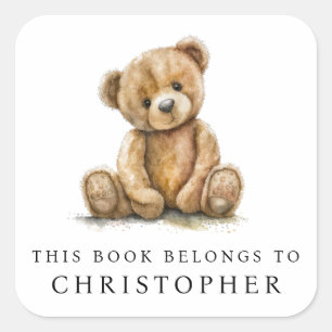 Wasserfarben-Teddybär-Kinder-Exlibris-Etikett Quadratischer Aufkleber
