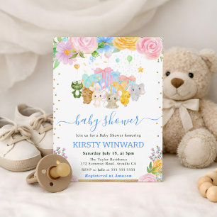 Wasserfarben-Tierfreunde mit Blumen Baby Shower Einladung