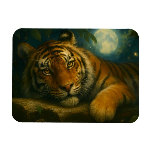 Wasserfarben-Tiger-Ruhen im Nachtwald Magnet (Horizontal)