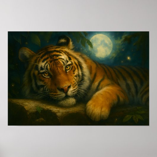 Wasserfarben-Tiger-Ruhen im Nachtwald Poster (Vorne)
