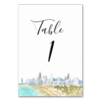 Wasserfarben-Tischkarten für Chicago-Hochzeit Tischnummer