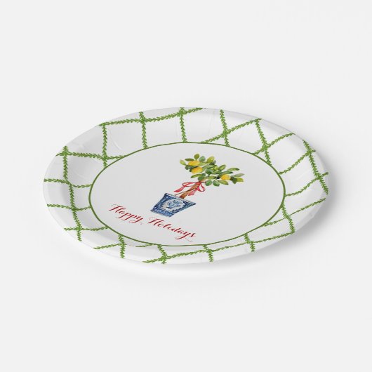 Wasserfarben-Topiary & Trellis-Grenze glücklicher Pappteller (Schrägansicht)