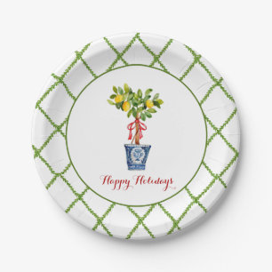 Wasserfarben-Topiary & Trellis-Grenze Happy Holida Pappteller