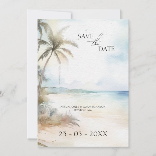 Wasserfarben Tropical Beach Palm Trees Wedding Save The Date (Vorderseite)