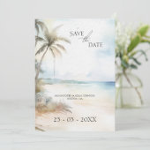 Wasserfarben Tropical Beach Palm Trees Wedding Save The Date (Stehend Vorderseite)