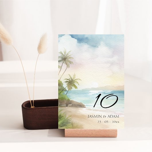 Wasserfarben Tropical Beach Palm Trees Wedding Tischnummer