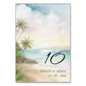 Wasserfarben Tropical Beach Palm Trees Wedding Tischnummer (Vorderseite)