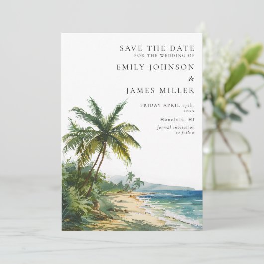 Wasserfarben Tropical Palm Beach Foto Hochzeit Save The Date (Stehend Vorderseite)