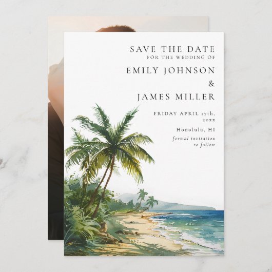 Wasserfarben Tropical Palm Beach Foto Hochzeit Save The Date (Vorne/Hinten)