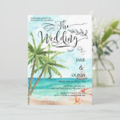 Wasserfarben Tropical Palm Tree Beach Hochzeit Einladung (Stehend Vorderseite)