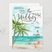 Wasserfarben Tropical Palm Tree Beach Hochzeit Einladung (Vorne/Hinten)