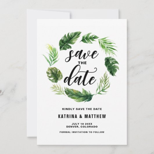 Wasserfarben Tropische Blätter Kranz Save the Date (Vorderseite)