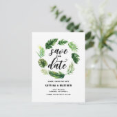 Wasserfarben Tropische Blätter Kranz Save the Date Ankündigungspostkarte (Stehend Vorderseite)