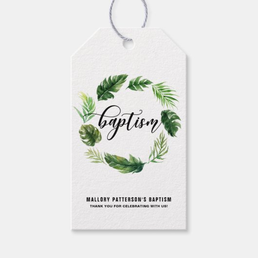 Wasserfarben Tropische Blätter Wreath Baptismarke Geschenkanhänger (Vorderseite)