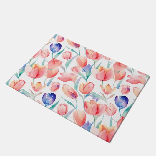 Wasserfarben-Tulips-Muster Türmatte (Schrägansicht)