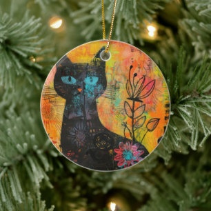 Wasserfarben Vintage Abstrakte Katze (9) Keramik Ornament