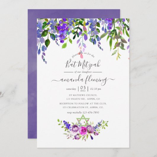 Wasserfarben Violett Floral Bat Mitzvah Einladung (Vorne/Hinten)