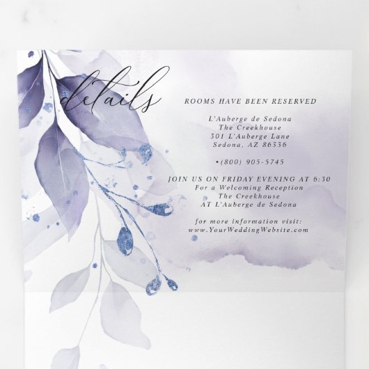 Wasserfarben-violette Blätter in einer WEDGE Dreifach Gefaltete Einladung (Innen Erste Seite)