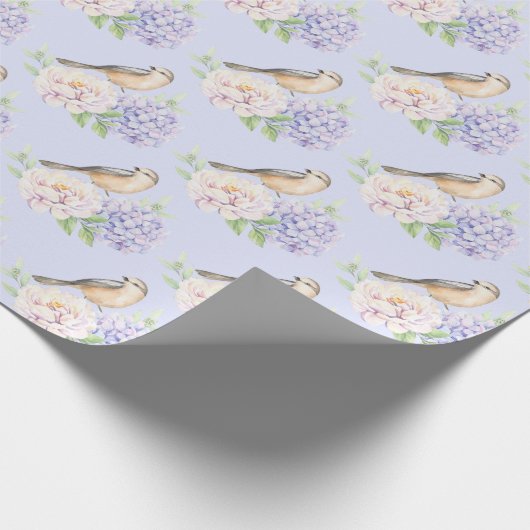 Wasserfarben-Vogel auf Hydrangea Geschenkpapier (Ecke)