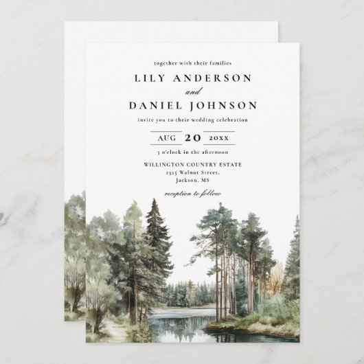 Wasserfarben-Wald-Hochzeit QR-Code Einladung (Vorne/Hinten)