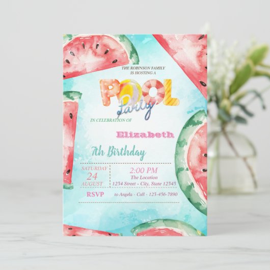Wasserfarben Wassermelonen Pool Party Einladung (Stehend Vorderseite)