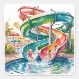 Wasserfarben-Wasserrutsche-Kindergeburtstagsfeier Quadratischer Aufkleber