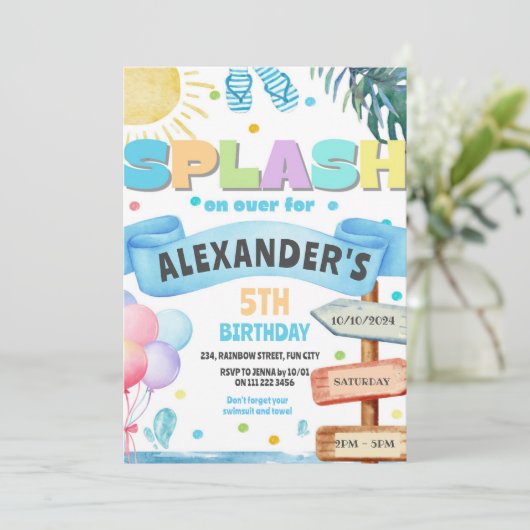 Wasserfarben Wasserrutsche Wasserrutsche Wasserrut Einladung (Stehend Vorderseite)