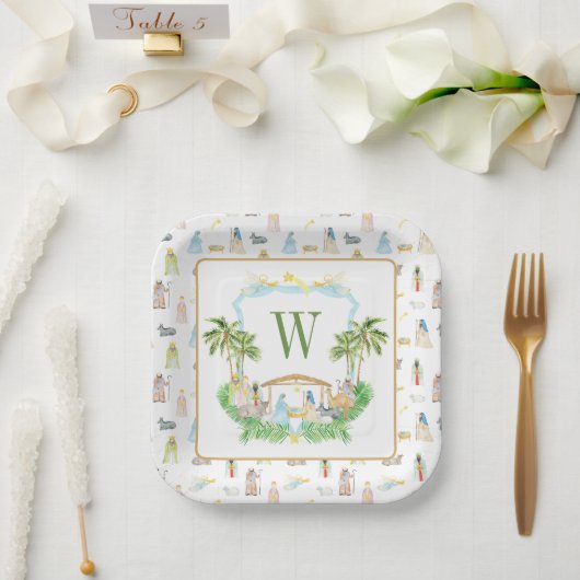 Wasserfarben-Weihnachts-Nativitäts-Monogramm-Wappe Pappteller (Hochzeit)