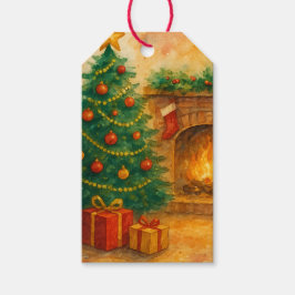 Wasserfarben-Weihnachtsbaum und gemütlicher Kamin  Geschenkanhänger