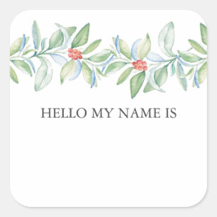 Wasserfarben-Weihnachtsgrün & Beeren Name Tag Quadratischer Aufkleber