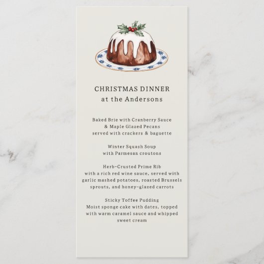 Wasserfarben-Weihnachtspudding-Festmenü Menükarte (Vorderseite)