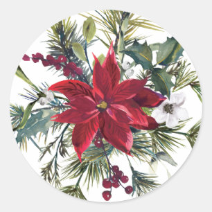 Wasserfarben-Weihnachtsstern und Tannenzweige Feie Runder Aufkleber