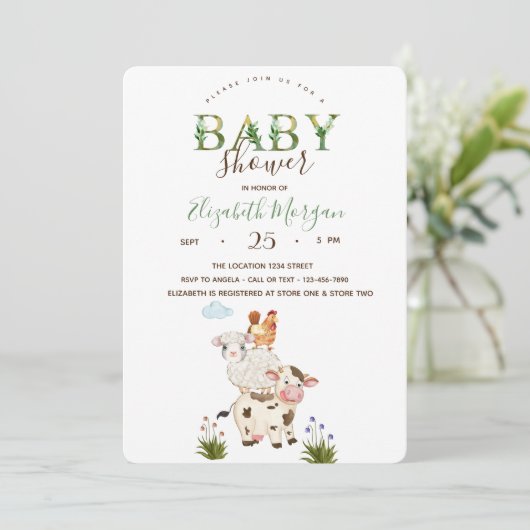 Wasserfarben Whimsical Farm Animals Baby Dusche Einladung (Stehend Vorderseite)