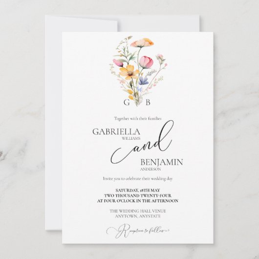 Wasserfarben Wildblume Einfache Hochzeit Einladung (Vorderseite)