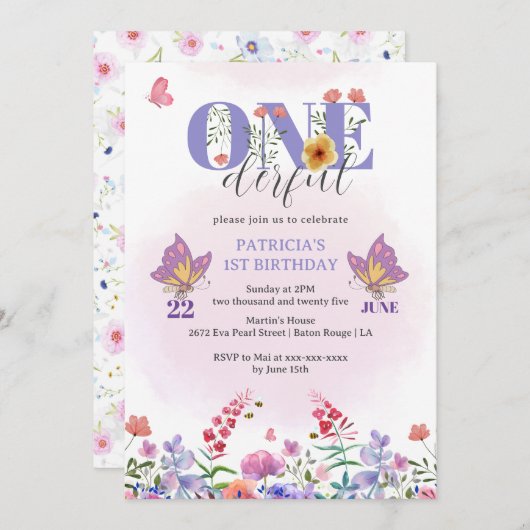 Wasserfarben-Wildblume Einiger Schmetterling Gebur Einladung (Vorne/Hinten)