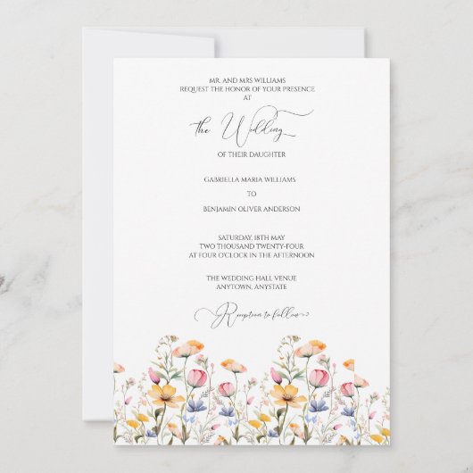 Wasserfarben-Wildblume feierliche Hochzeit Einladung (Rückseite)