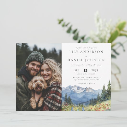 Wasserfarben Wildblume Foto Hochzeit Einladung (Stehend Vorderseite)