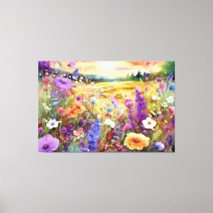 Wasserfarben-Wildblumen bei Sonnenuntergang Leinwanddruck