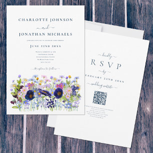 Wasserfarben-Wildblumen Blaue QR-Code-Hochzeit Einladung