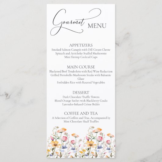 Wasserfarben Wildblumen Hochzeitmenü Gourmet-Menü Menükarte (Vorderseite)